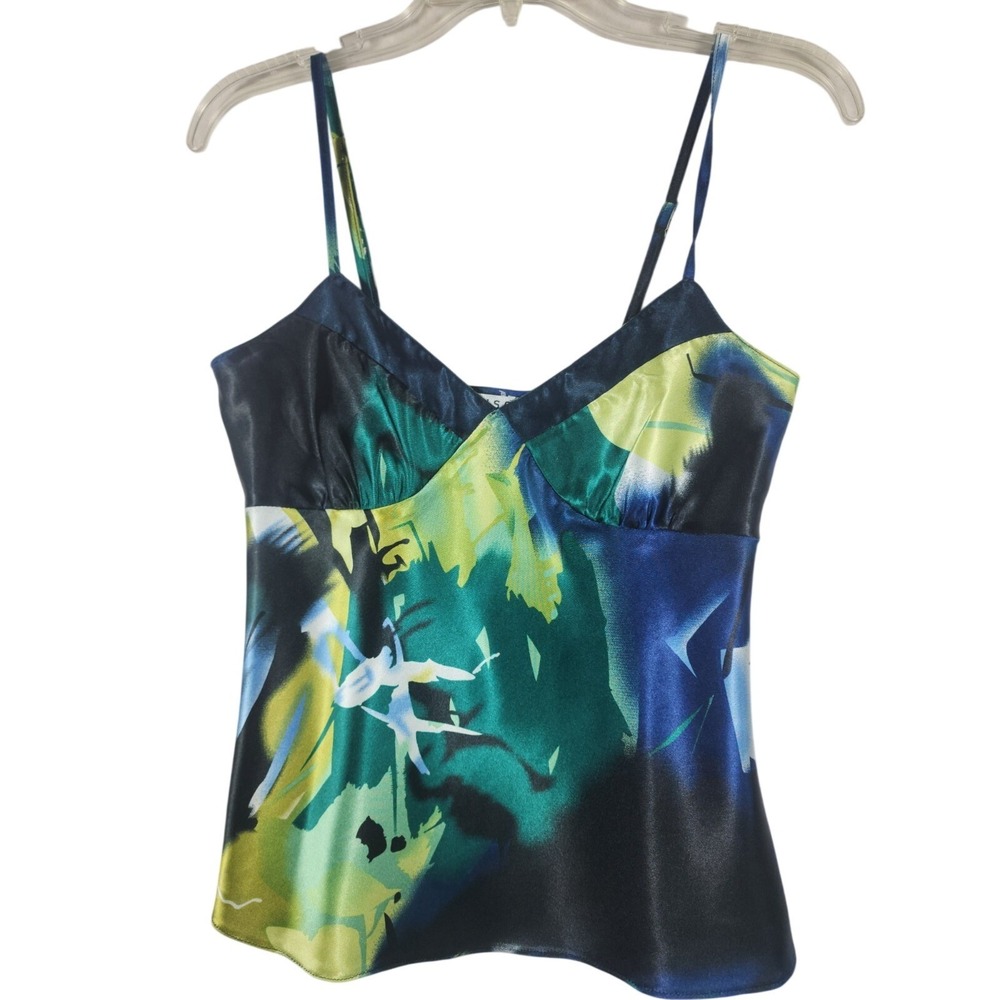 Gauss Womens P Cami Top Abstract Print Satin Blue Green Y2K Going Out Blouse